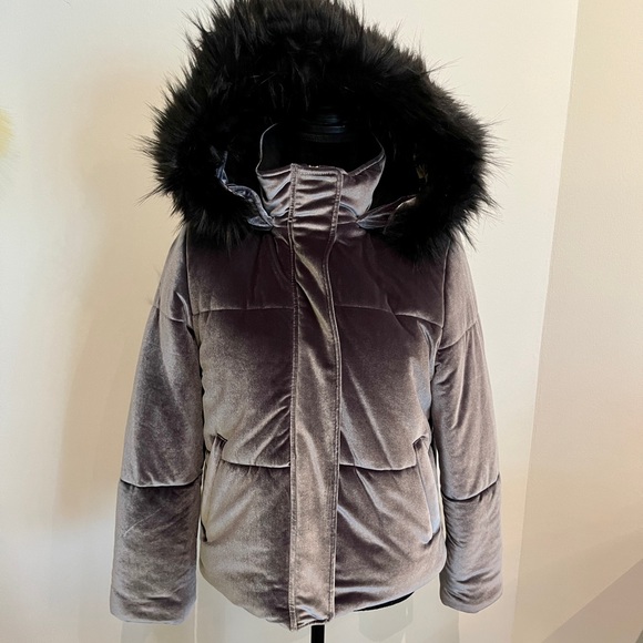 Express Dark Grey Velour Padded Puffer Jacket with Fur Hood Size Medium NWT! - Picture 2 of 6